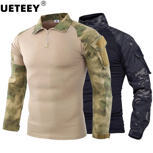 Mens Military Shirts High Quality Hiking Arm Pocket Pullover Long Sleeve 1/4 Zip Tactical T-Shirt US SWAT Hunting Frog Suit Tops